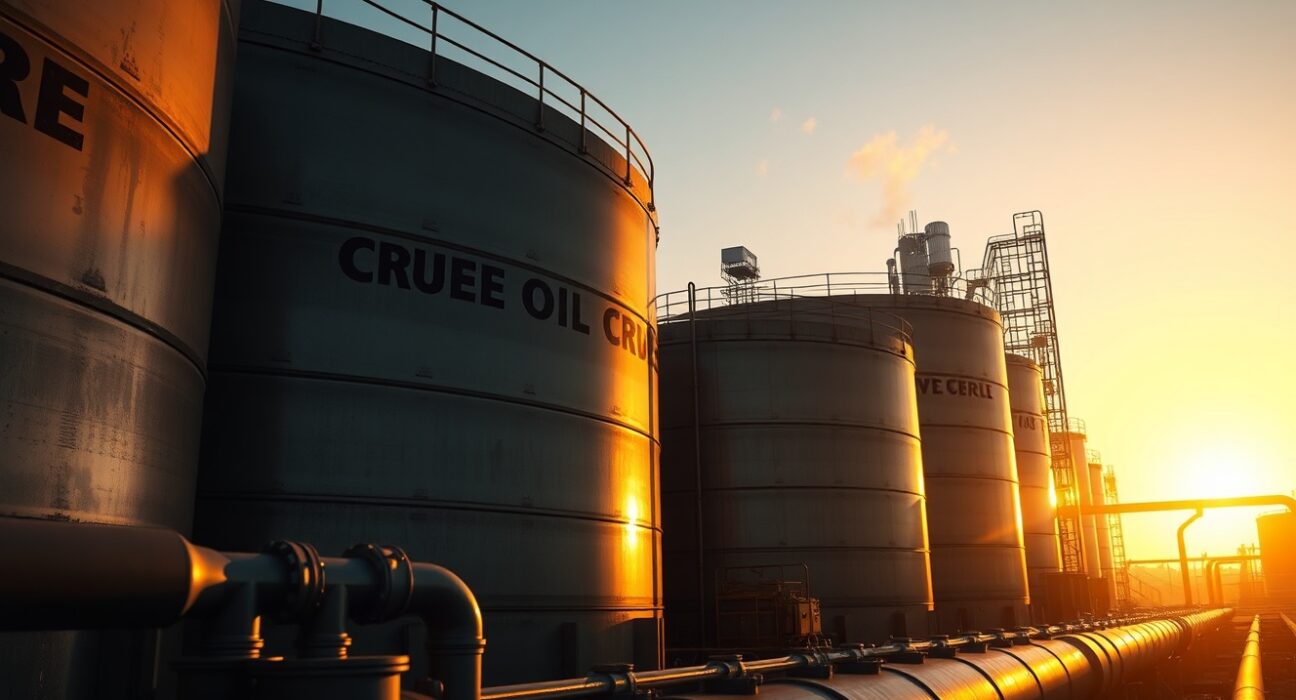 Crude oil storage tanks at a refinery during sunset, representing oil market supply dynamics.