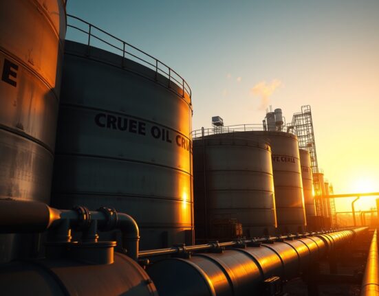 Crude oil storage tanks at a refinery during sunset, representing oil market supply dynamics.