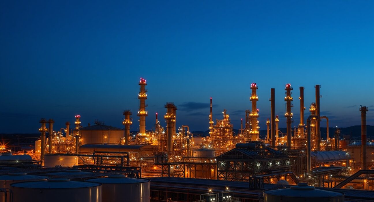 Oil refinery at dusk with storage tanks and distillation columns illuminated