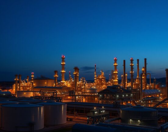 Oil refinery at dusk with storage tanks and distillation columns illuminated
