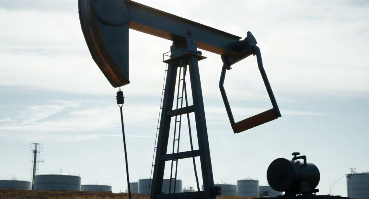 Oil pumpjack in a field, representing crude oil supply and market dynamics.
