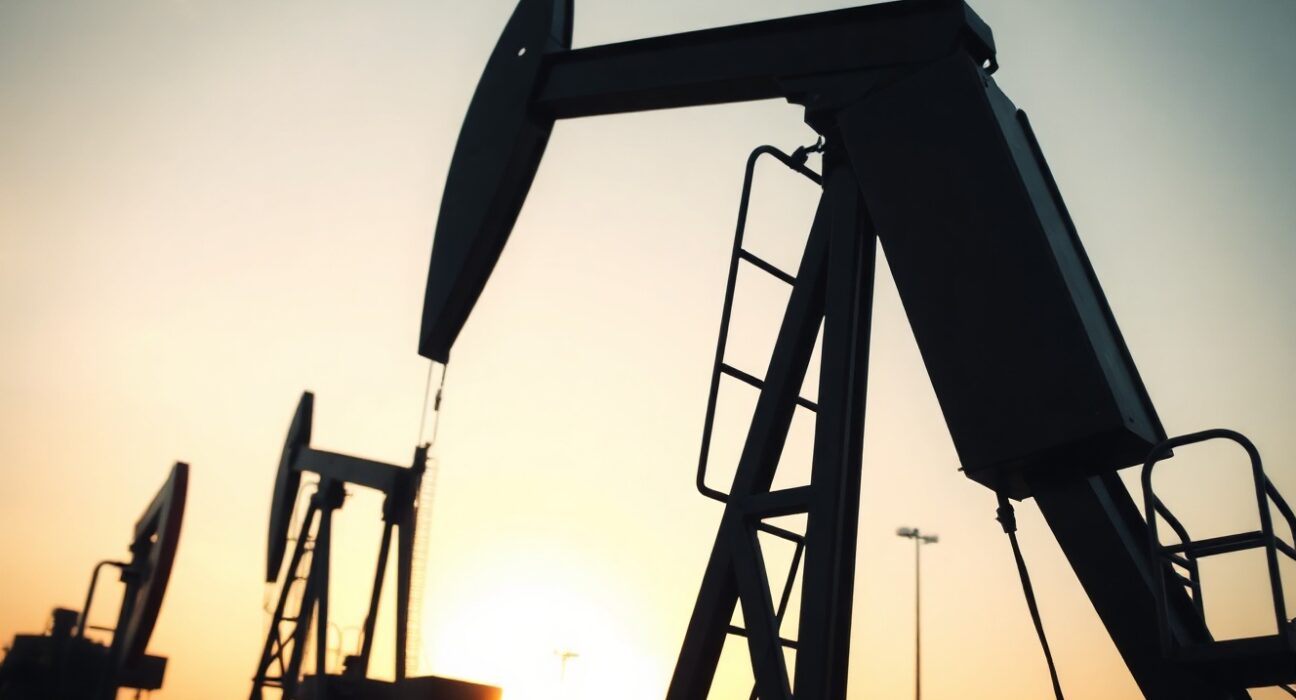Oil pumpjack silhouetted against sunset, representing tightening supply and elevated crude prices.
