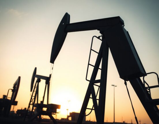 Oil pumpjack silhouetted against sunset, representing tightening supply and elevated crude prices.