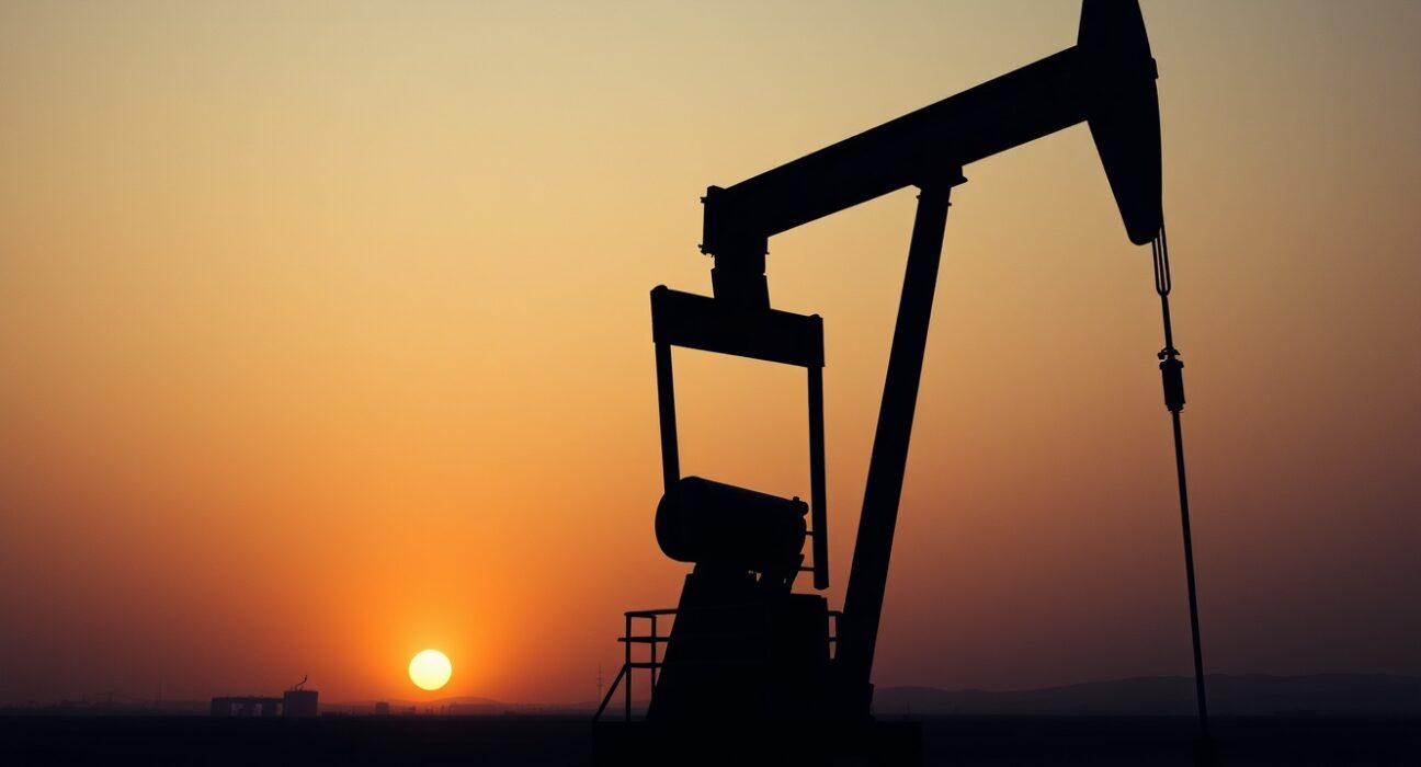 Crude oil pumpjack in a desert oil field under a hazy sky, representing geopolitical risk supporting oil prices.