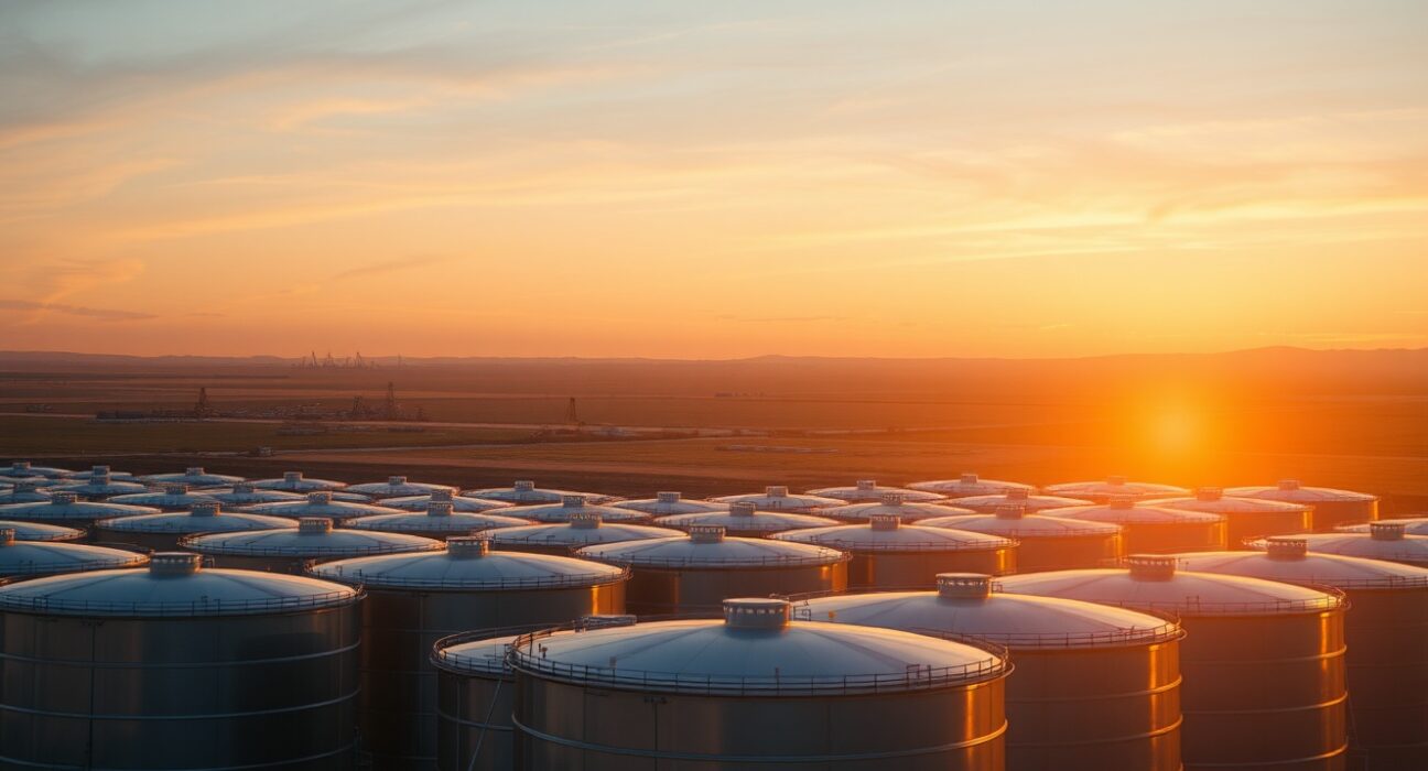 Oil storage tanks at sunset with distant pumpjacks, representing supply and energy markets