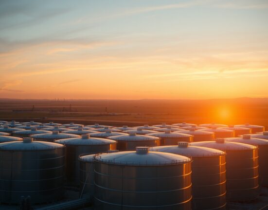 Oil storage tanks at sunset with distant pumpjacks, representing supply and energy markets