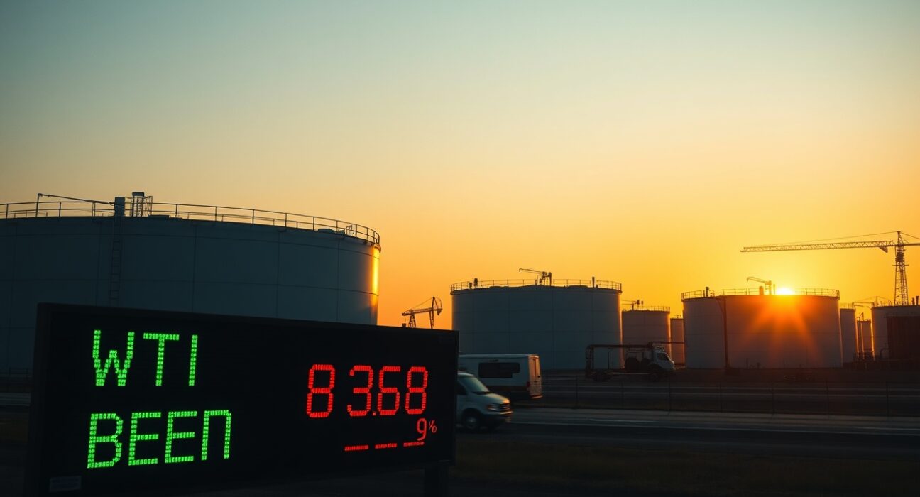 Oil storage tanks at sunset with a digital price ticker showing WTI and Brent crude surging