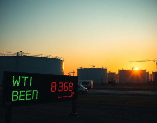 Oil storage tanks at sunset with a digital price ticker showing WTI and Brent crude surging