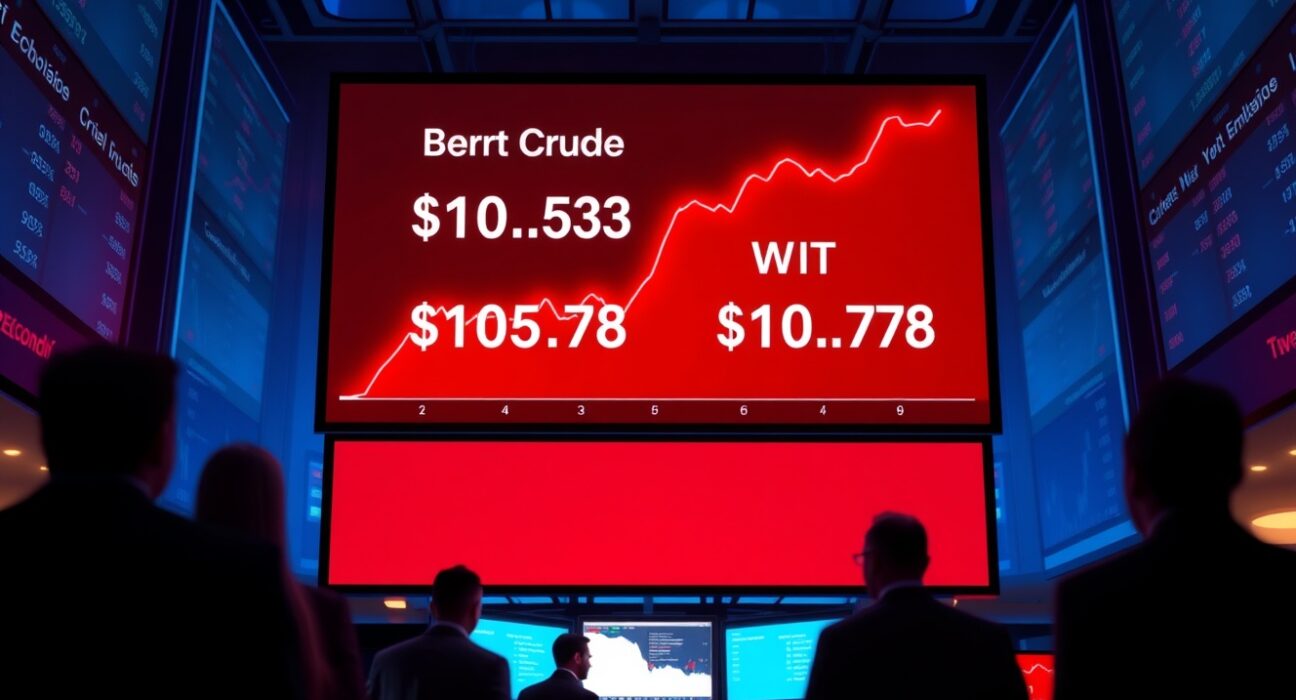 Oil prices surge as Brent crude tops $105 per barrel on global trading floor display