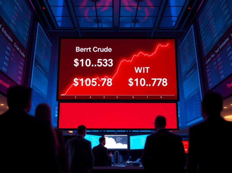 Oil prices surge as Brent crude tops $105 per barrel on global trading floor display