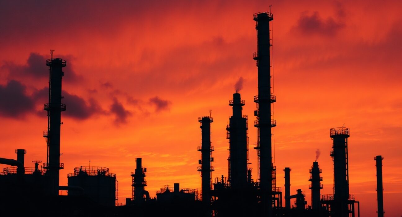 Oil refinery at dusk with smoky sky, symbolizing energy market disruption from Iran conflict