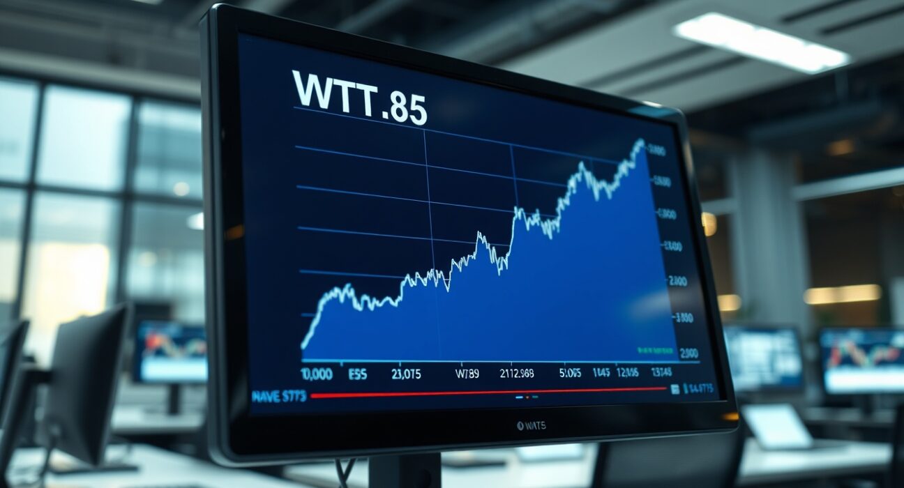 WTI crude oil price chart surging above $85 on a trading terminal amid Middle East tensions.