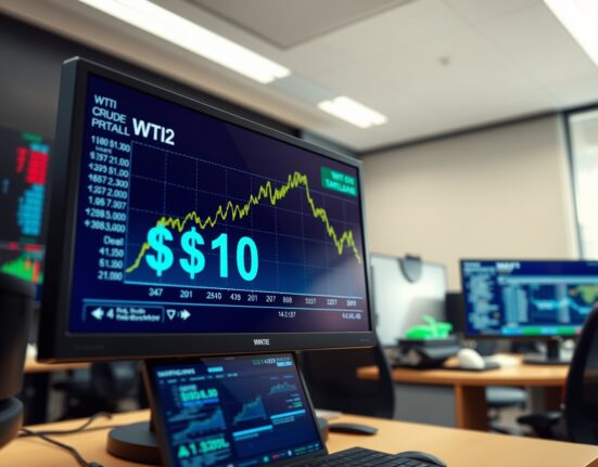 WTI crude oil price chart surging above $110 per barrel on trading desk monitor