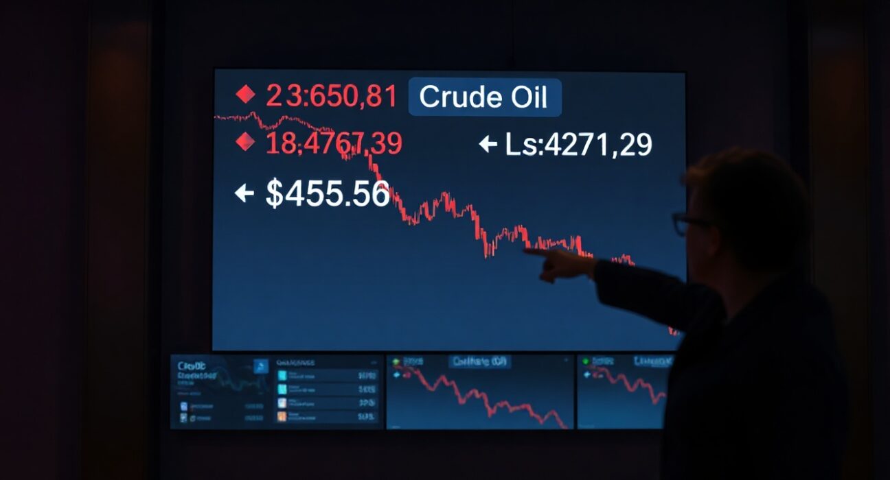 Financial display showing falling oil prices in a newsroom setting