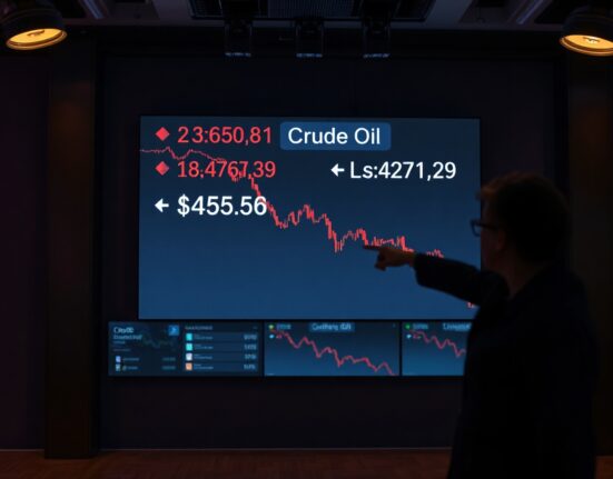 Financial display showing falling oil prices in a newsroom setting