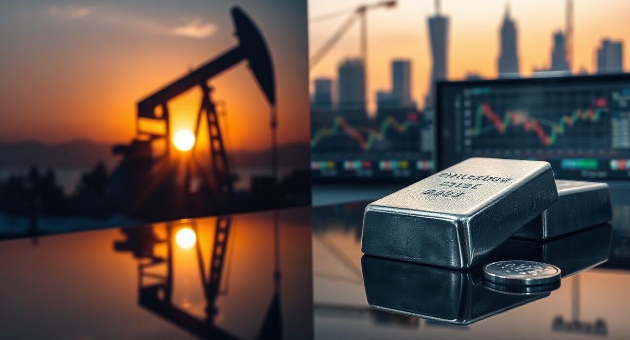 Oil pumpjack and silver bars representing oil price drop and silver surge in forex market