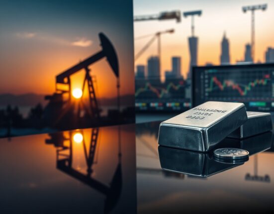 Oil pumpjack and silver bars representing oil price drop and silver surge in forex market