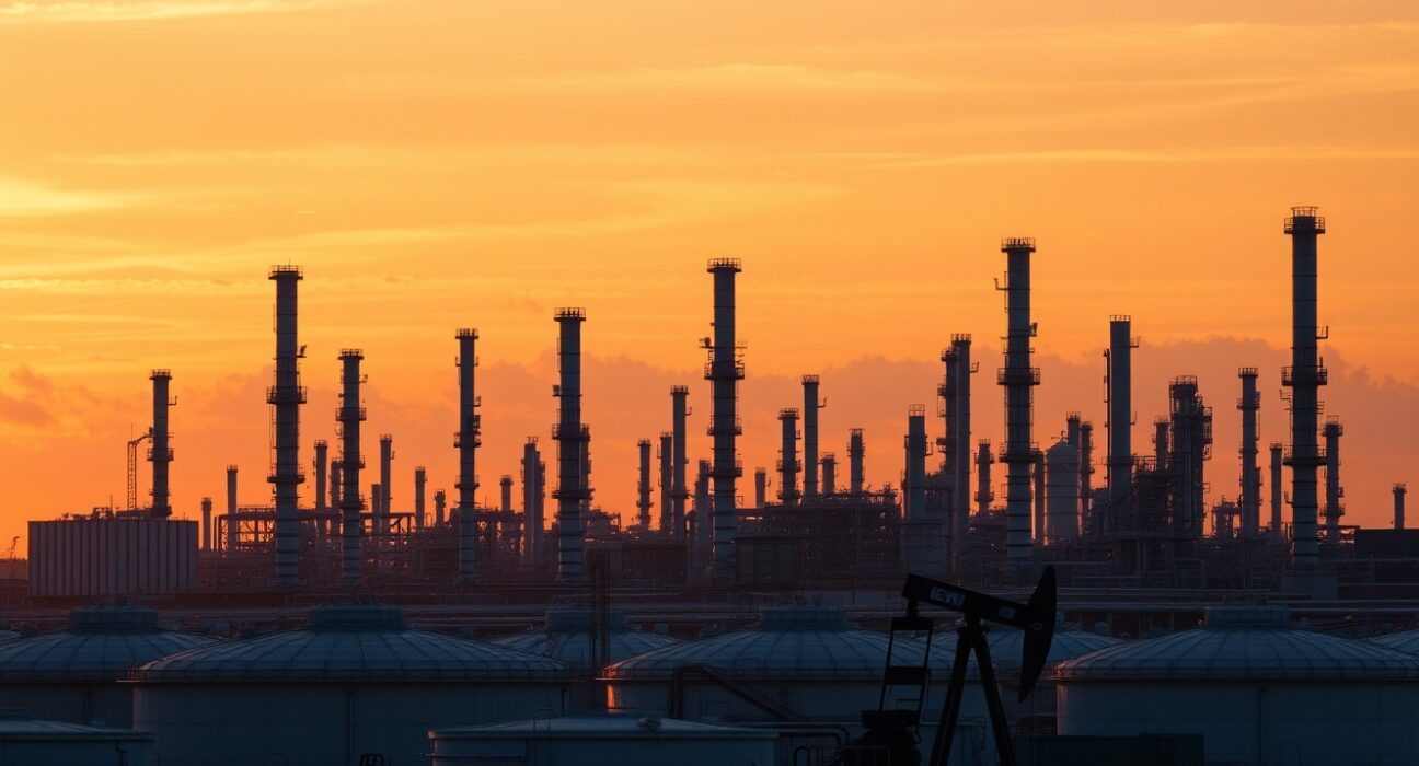 Oil refinery at sunset with pumpjack silhouette, representing energy market volatility