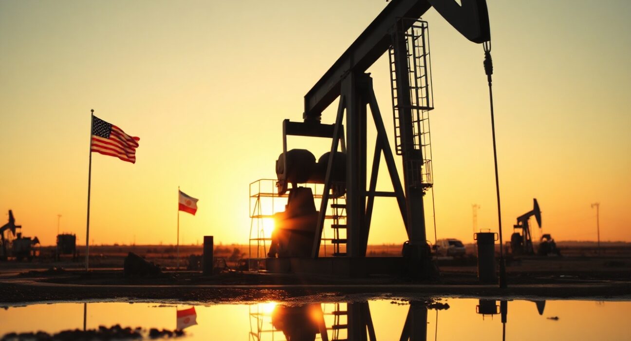 Oil pumpjack at sunset with US and Iranian flag reflections symbolizing geopolitical supply talks
