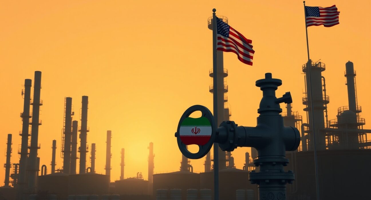 Oil prices supported by US-Iran stalemate at a refinery complex at dusk, highlighting geopolitical supply risks.