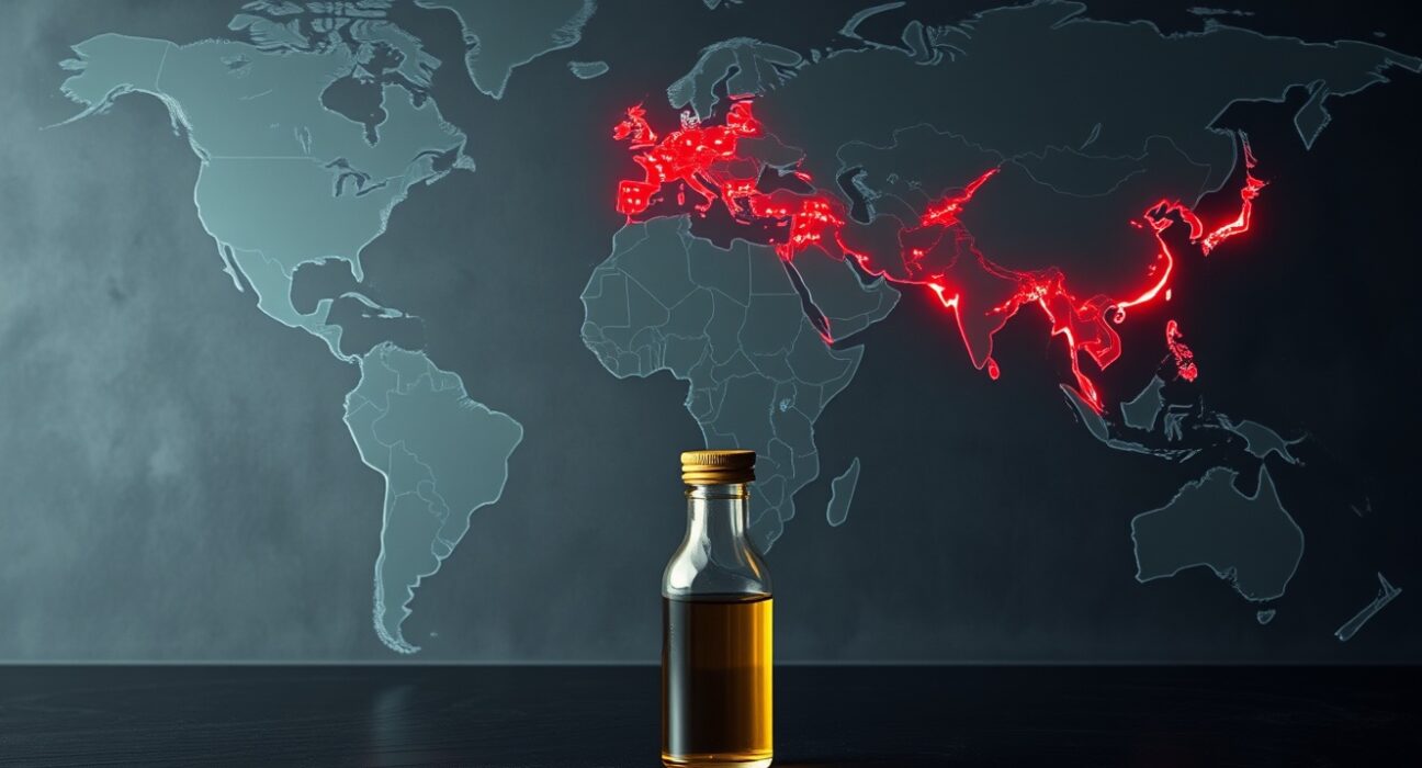 Global map analysis showing geopolitical tension and its impact on oil prices in key producing regions.