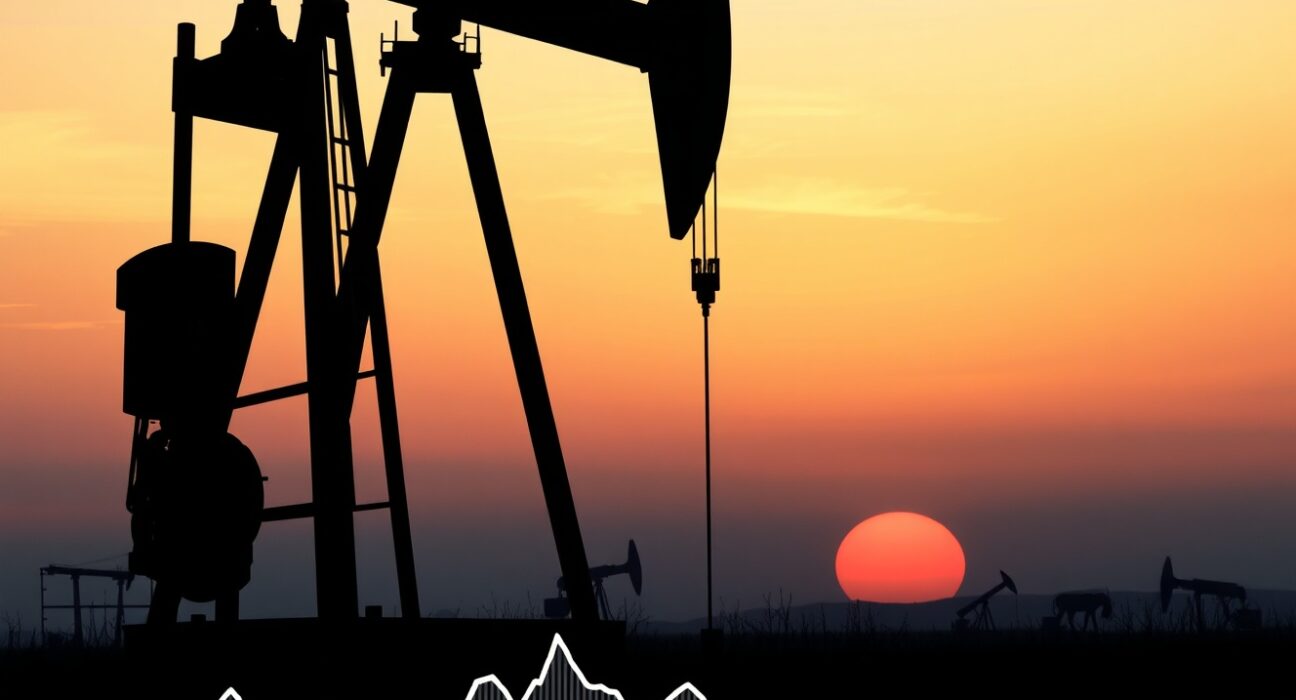 Oil pumpjack silhouette against sunset with downward trending price chart overlay