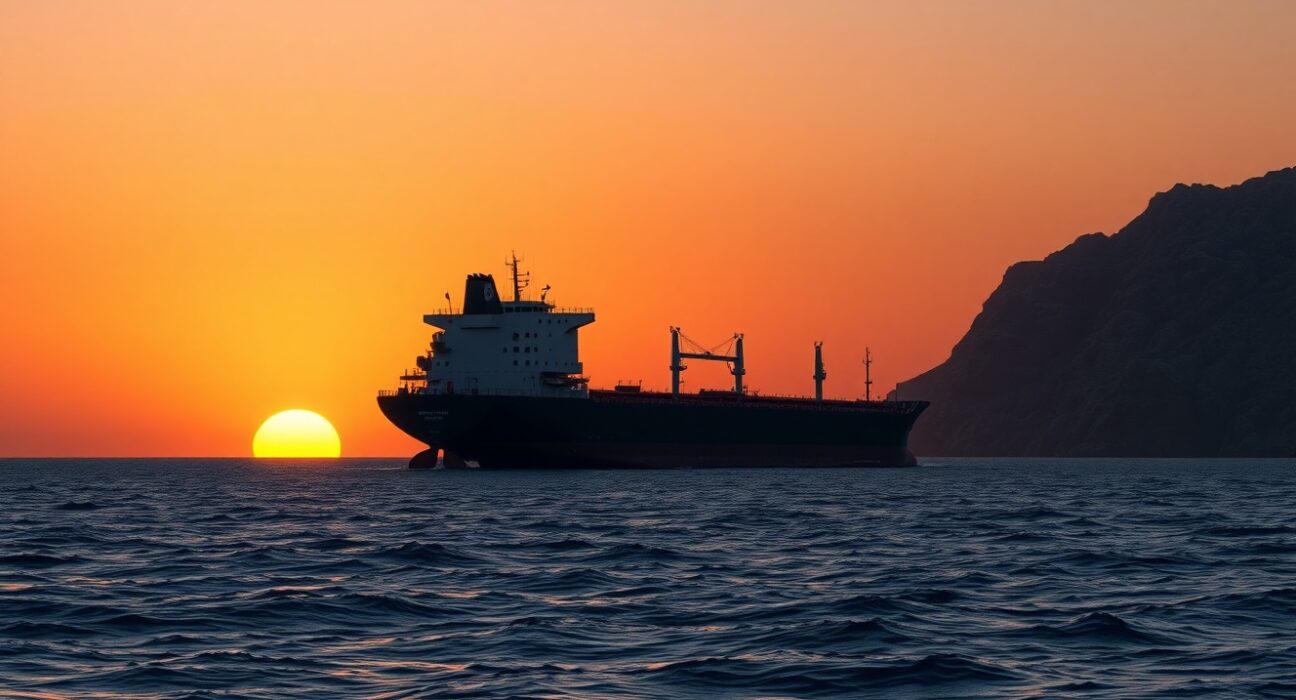 Oil tanker navigating the strategic Strait of Hormuz waterway amid geopolitical tensions affecting global energy markets.