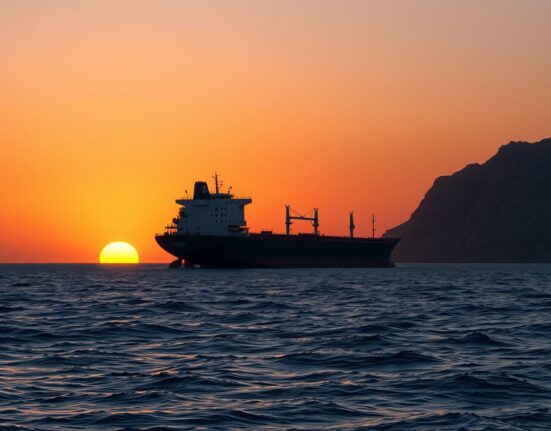 Oil tanker navigating the strategic Strait of Hormuz waterway amid geopolitical tensions affecting global energy markets.