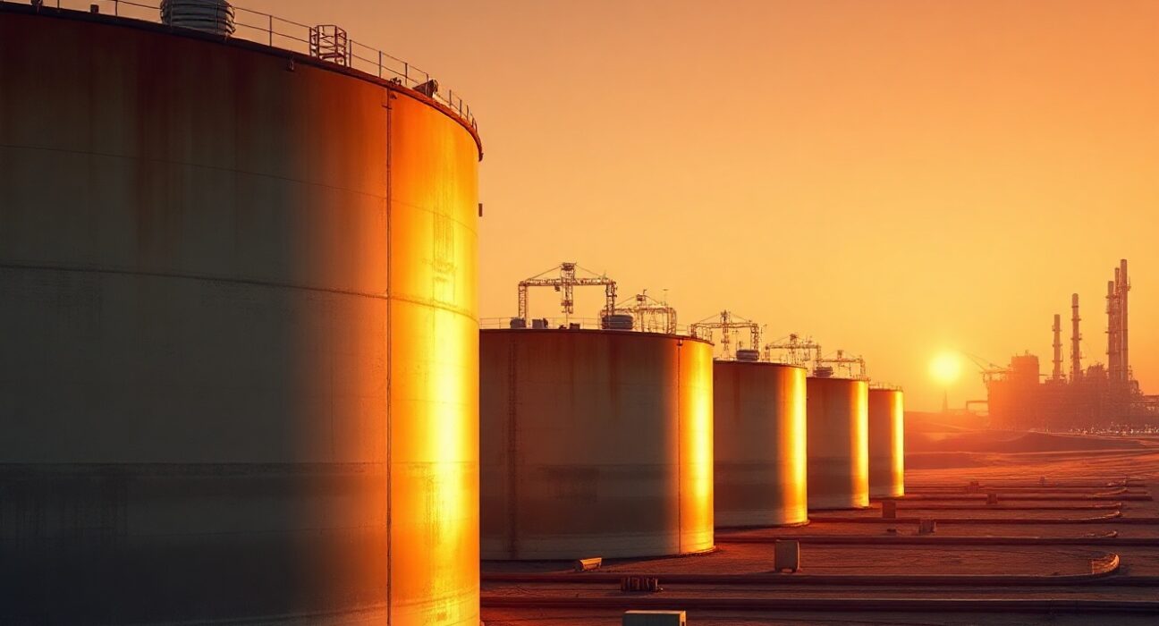 Aerial view of oil storage tanks at a Gulf refinery at sunset, symbolizing supply risk.