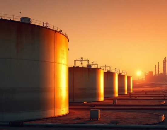 Aerial view of oil storage tanks at a Gulf refinery at sunset, symbolizing supply risk.