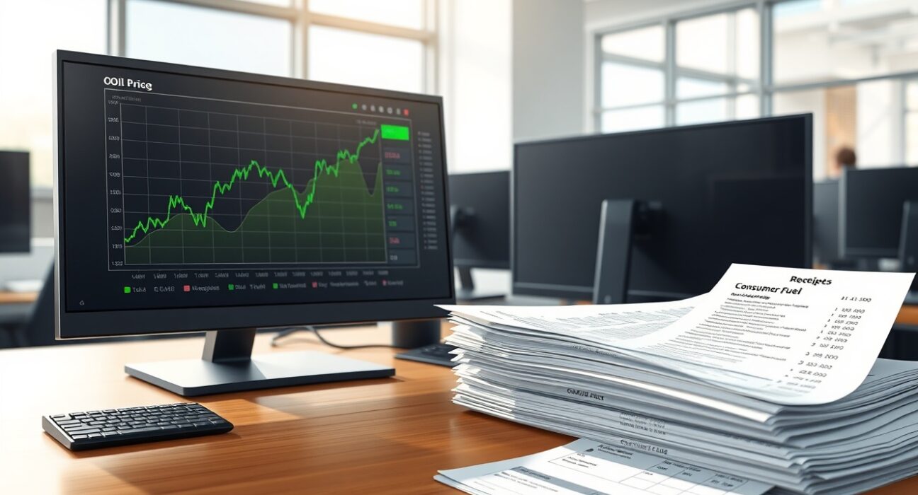 Oil market analysis showing trading screens with price charts alongside consumer fuel tax documents