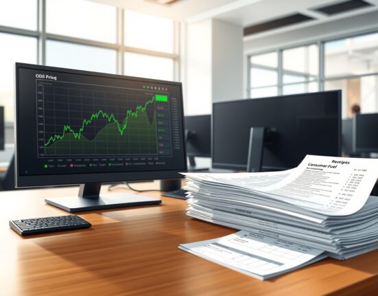 Oil market analysis showing trading screens with price charts alongside consumer fuel tax documents