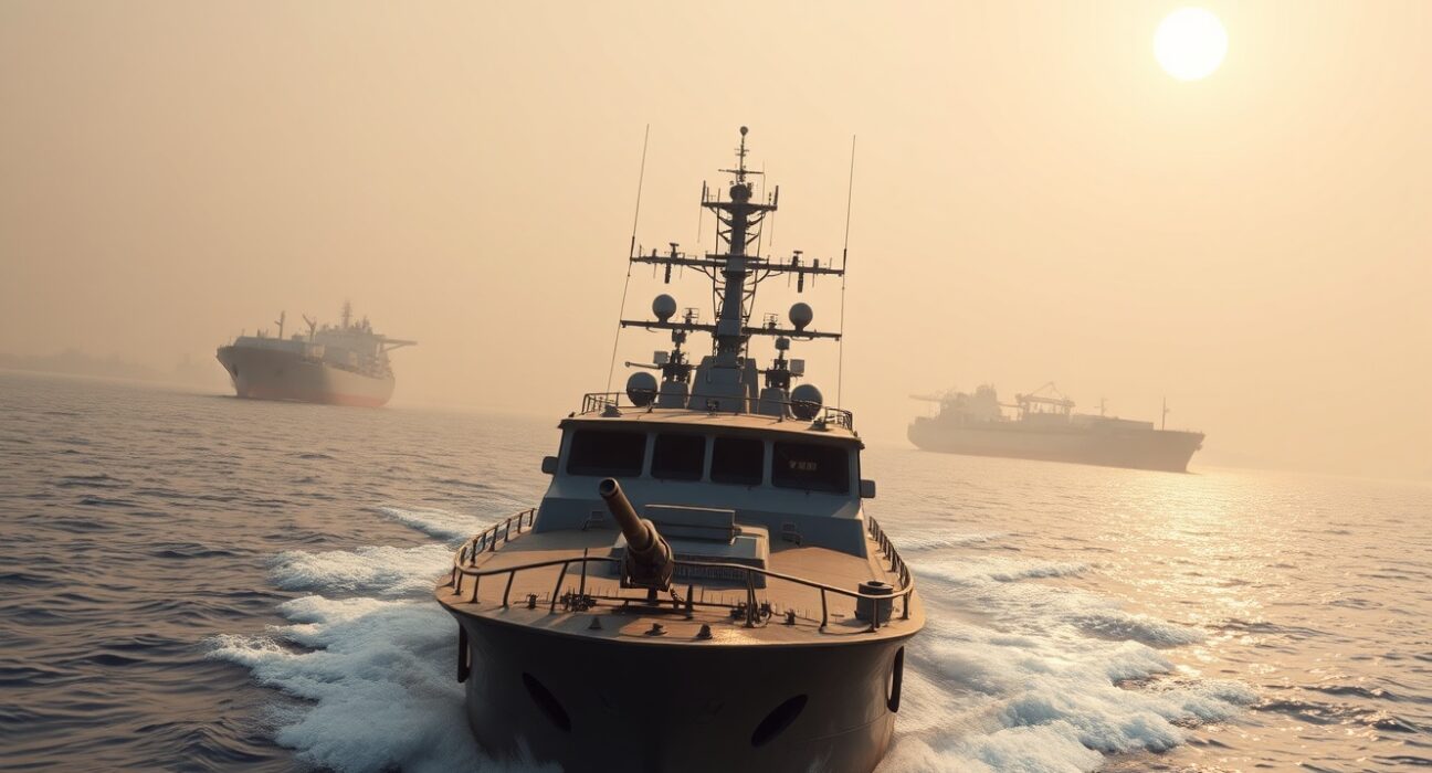 A naval patrol boat in the Strait of Hormuz, representing the oil security shock and potential blockade risks analyzed by BNY.