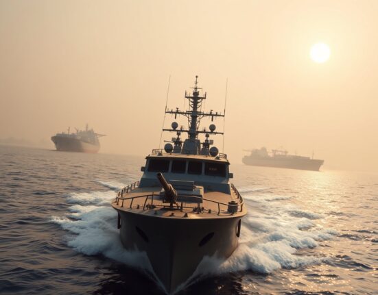 A naval patrol boat in the Strait of Hormuz, representing the oil security shock and potential blockade risks analyzed by BNY.