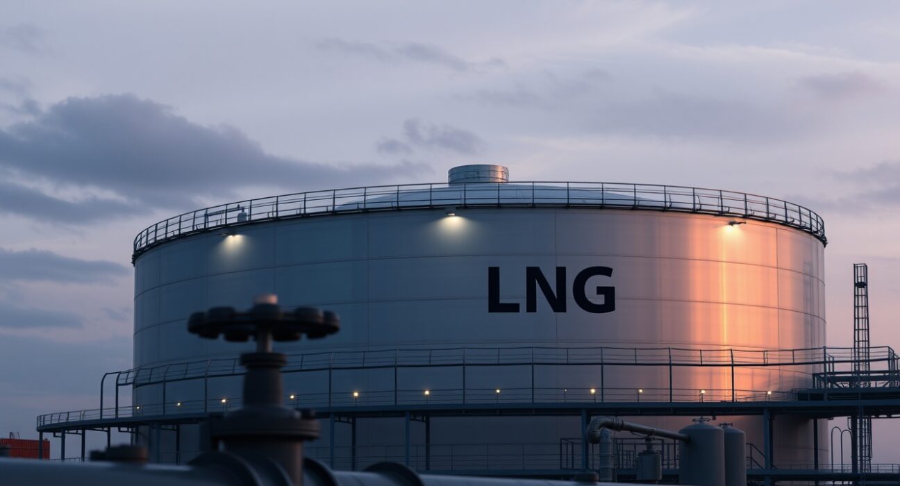 LNG storage facility at dusk symbolizing fuel-switching economics after oil shock