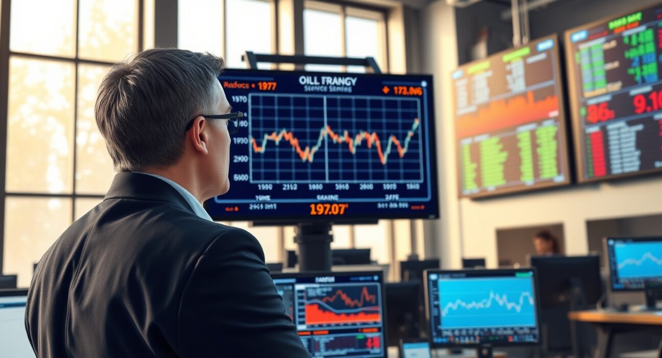 Financial analyst comparing current and 1970s oil price shock data on trading desk monitors