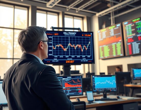 Financial analyst comparing current and 1970s oil price shock data on trading desk monitors