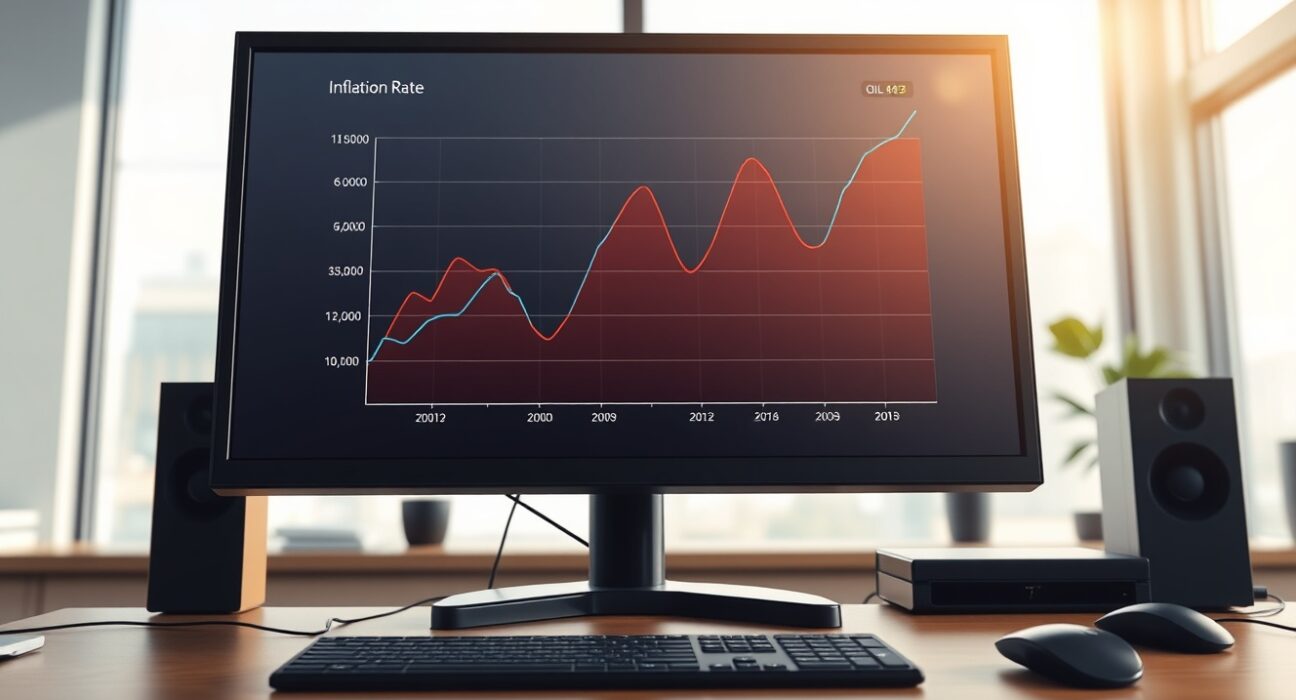 Financial chart showing oil price spike stalling the decline of US inflation rate.