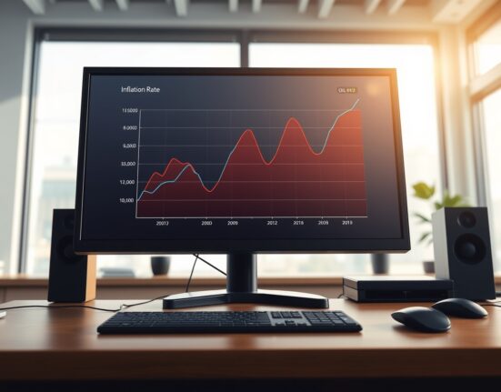 Financial chart showing oil price spike stalling the decline of US inflation rate.
