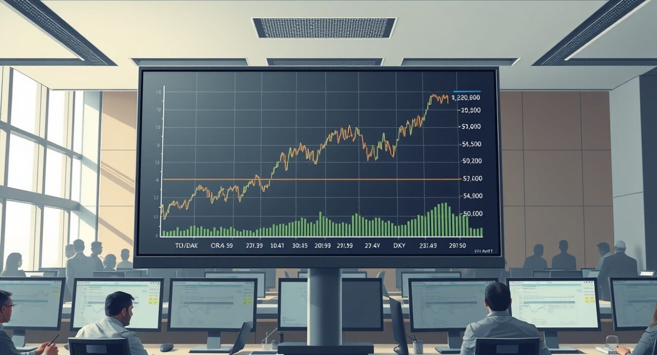 Financial chart showing oil prices and the US Dollar Index rising together on a trading floor display.