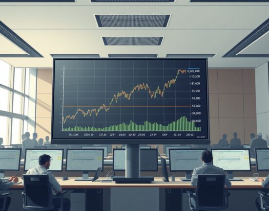 Financial chart showing oil prices and the US Dollar Index rising together on a trading floor display.