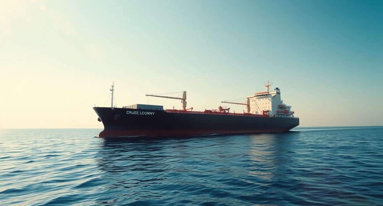 Large crude oil tanker sailing in the Strait of Hormuz under clear daylight