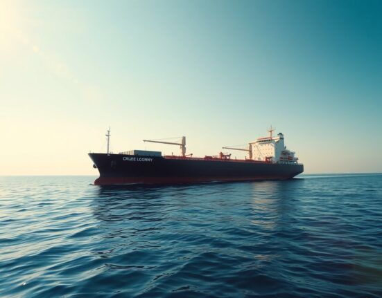 Large crude oil tanker sailing in the Strait of Hormuz under clear daylight