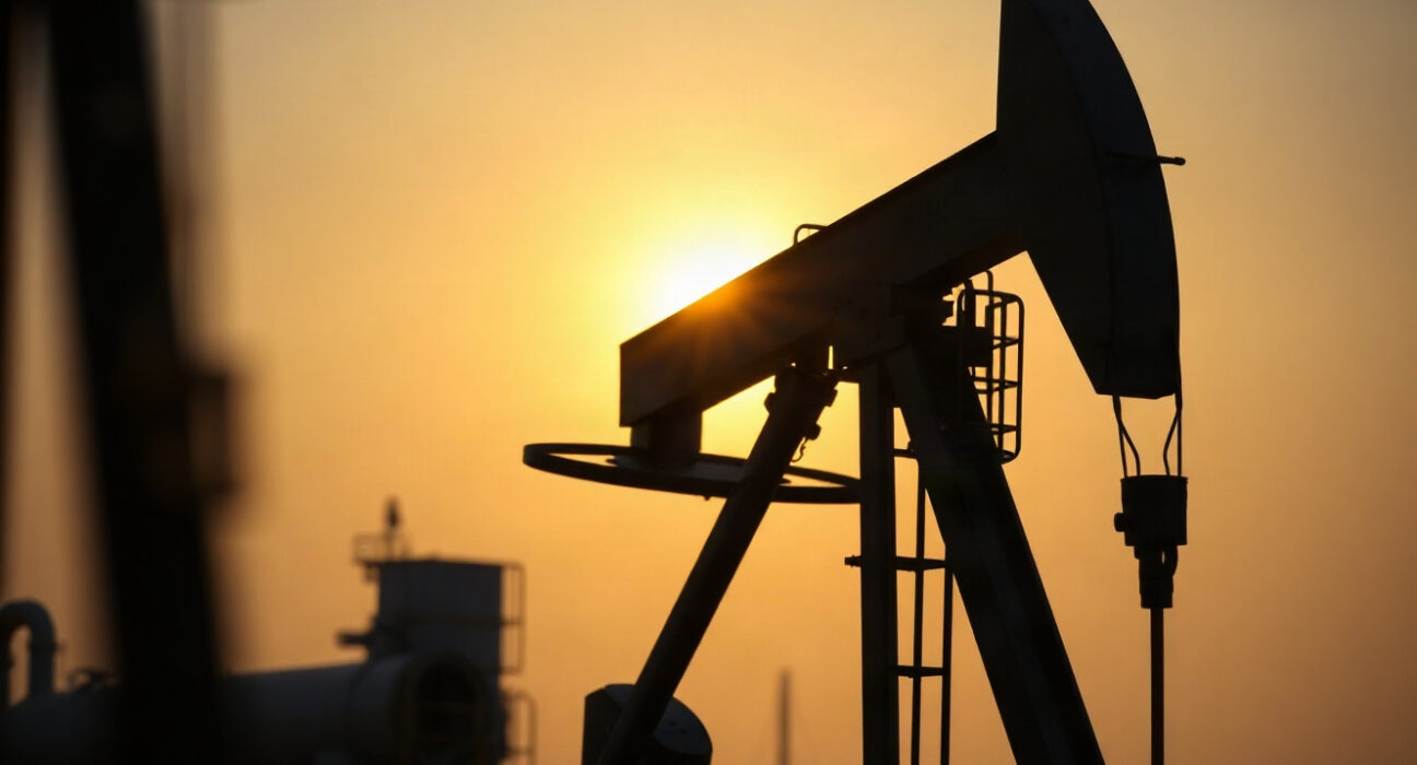 Oil pumpjack silhouetted against sunset, representing oil market resilience amid Iran sanctions plan