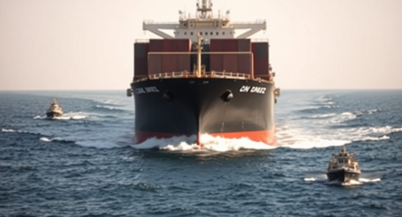 Oil tanker navigating the Strait of Hormuz with geopolitical risk in focus