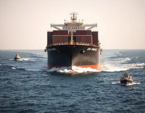 Oil tanker navigating the Strait of Hormuz with geopolitical risk in focus