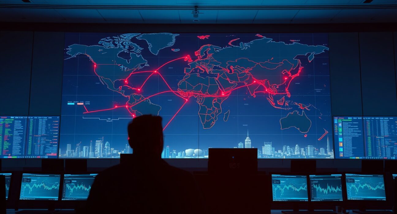 Global energy market trading floor monitoring oil supply risks and geopolitical tensions affecting crude prices