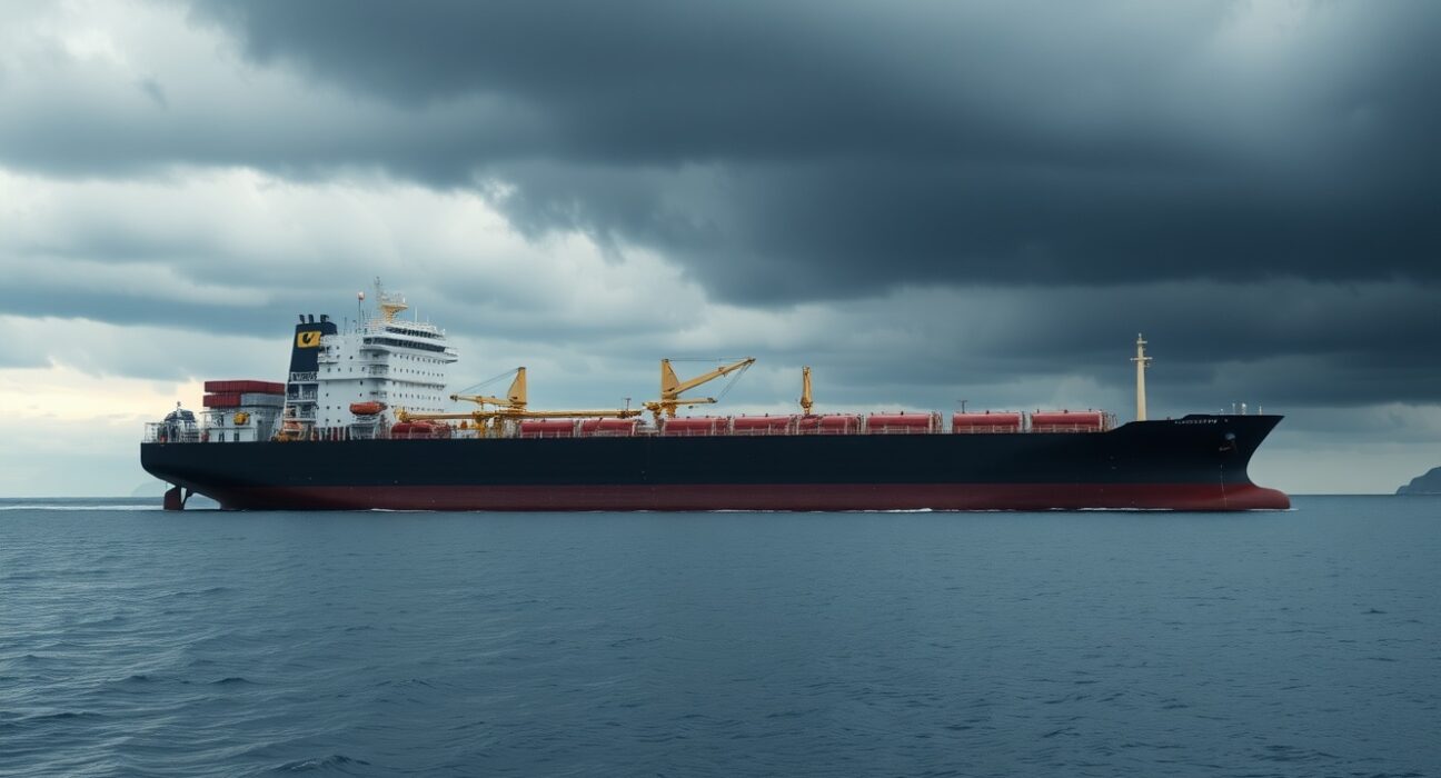 Oil tanker navigating a narrow strait under stormy skies, representing supply-chain risks.