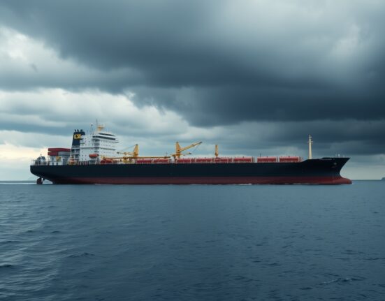 Oil tanker navigating a narrow strait under stormy skies, representing supply-chain risks.