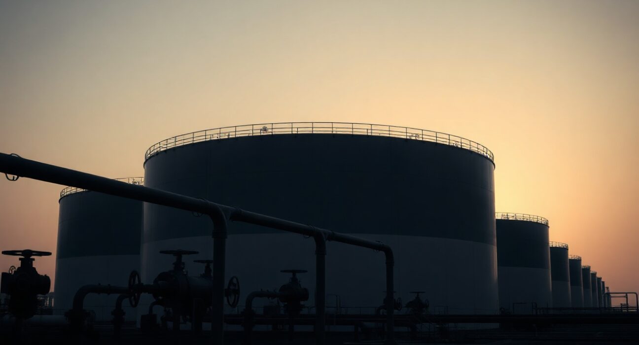 Crude oil storage tanks at an industrial facility, symbolizing supply concerns in the oil market.